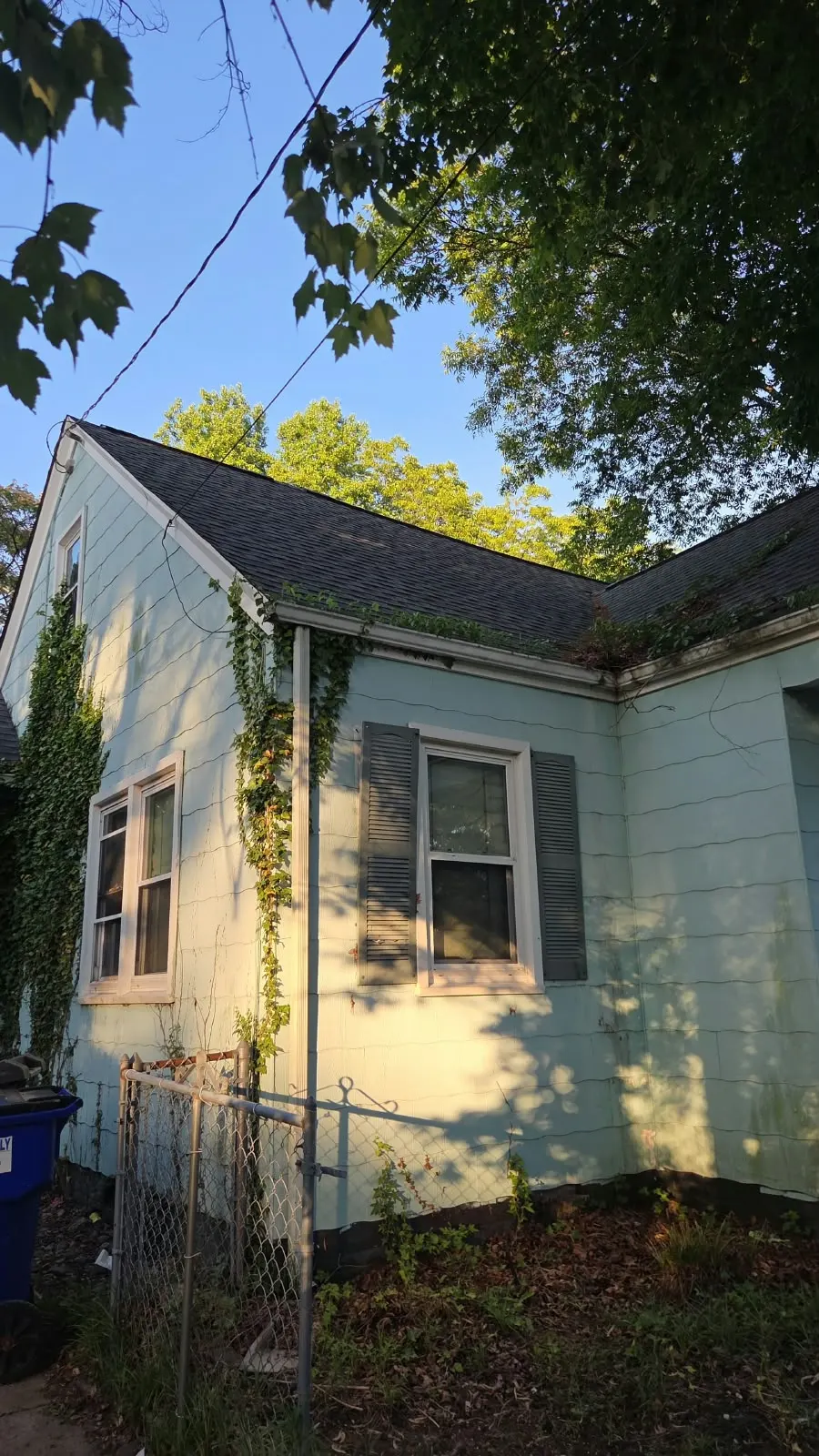 Older sided house with ivy before exterior work in Hampton, VA
