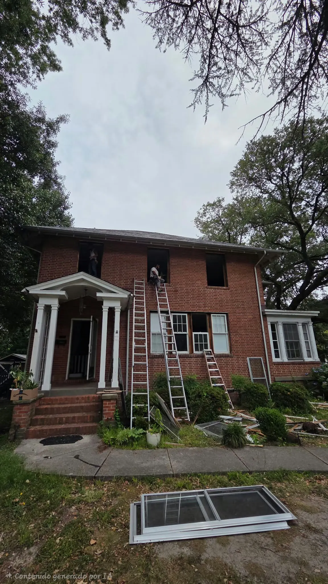 Brick home front with ladders and a window removed during exterior work in Hampton, VA